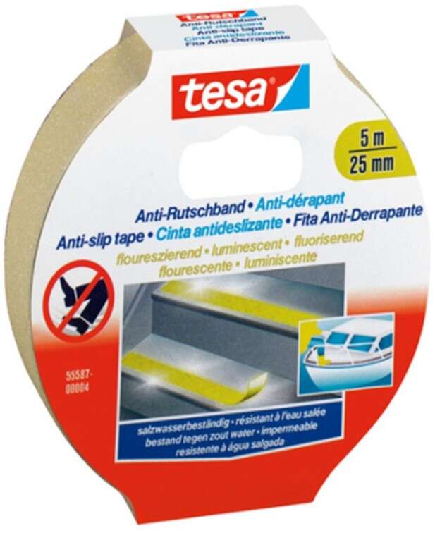 Tesa Anti-Slip Tape Cinta Antideslizante Adhesiva Fluorescente 5Mx25Mm - Fuerte Adhesion - Se Puede Cortar A Mano - Color Amarillo Fluorescente