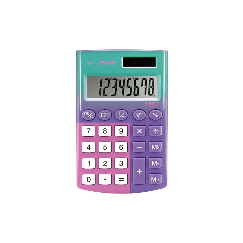Milan Pocket Sunset Calculadora De Bolsillo Con Pantalla De 8 Digitos - 3 Teclas De Memoria Y Raiz Cuadrada - Teclas Con Tacto Suave