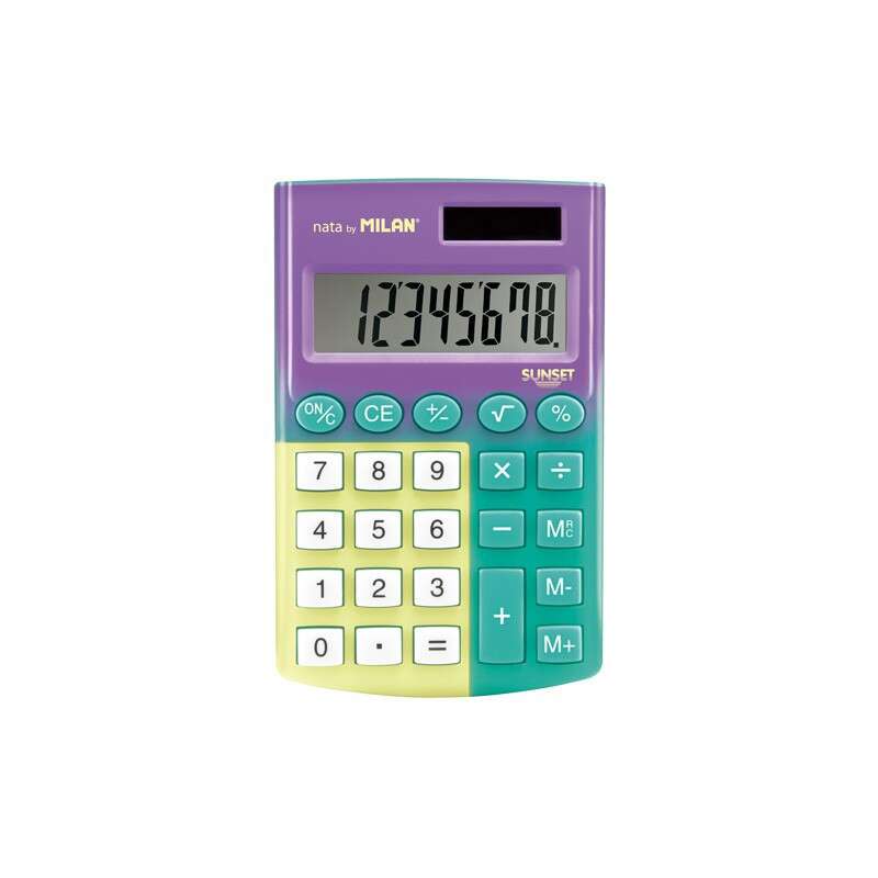 Milan Pocket Sunset Calculadora De Bolsillo Con Pantalla De 8 Digitos - 3 Teclas De Memoria Y Raiz Cuadrada - Teclas Con Tacto Suave