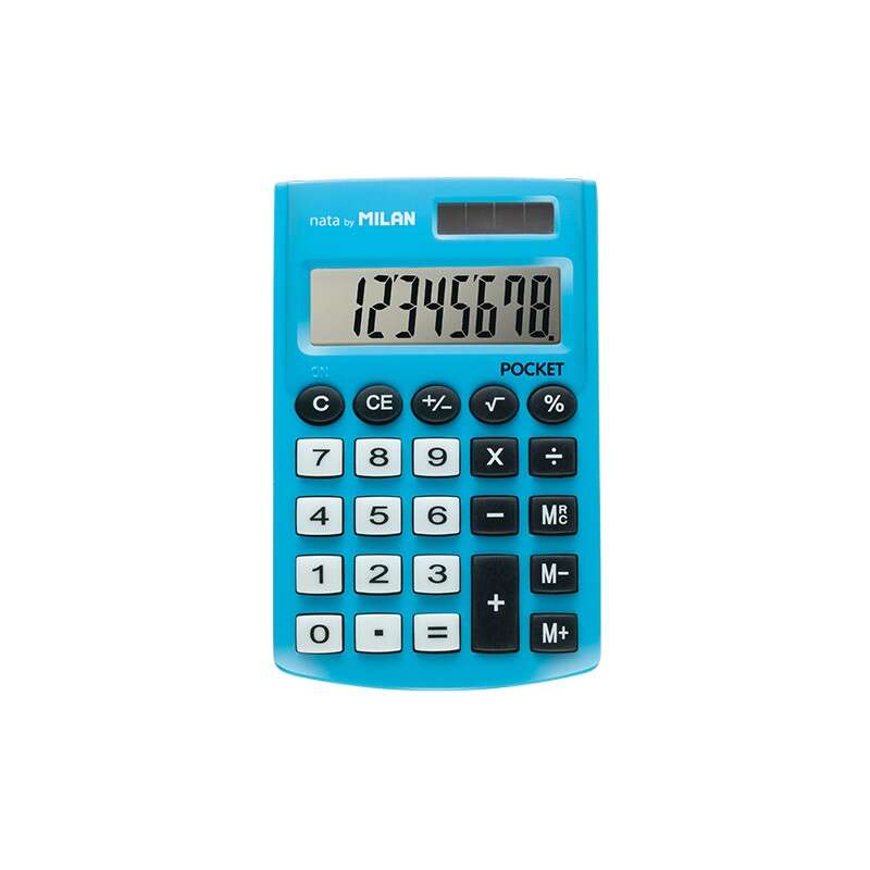 Milan Pocket Calculadora De Bolsillo Con Pantalla De 8 Digitos - 3 Teclas De Memoria Y Raiz Cuadrada - Teclas Con Tacto Suave - Color Azul