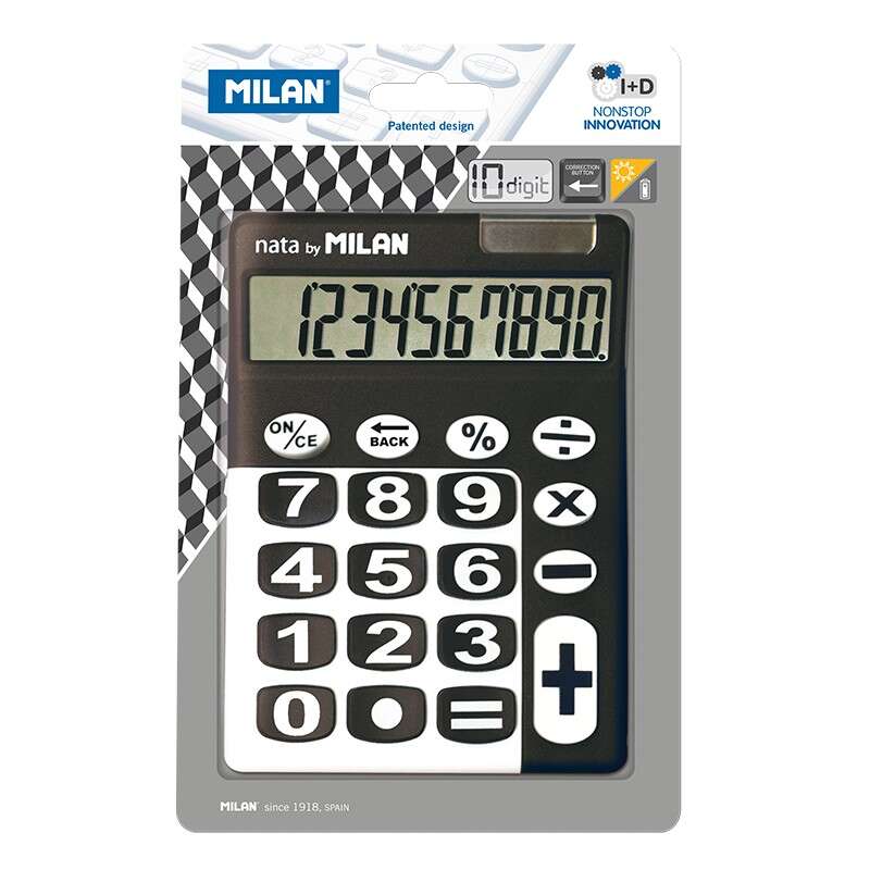 Milan Calculadora 10 Digitos - Calculadora De Sobremesa - Teclas Grandes - Tecla Rectificacion Entrada De Datos - Color Negro/Blanco