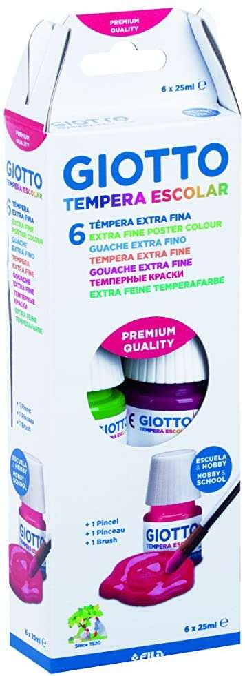 Giotto Tempera Pack De 6 Botes De 25 Ml. + Pincel - Base Agua - Excelente Cobertura - Colores Surtidos