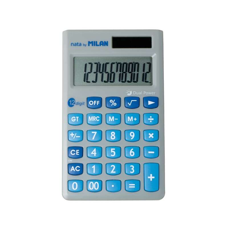 Milan Calculadora De Sobremesa 12 Digitos - 3 Teclas De Memoria Y Raiz Cuadrada - Apagado Automatico - Funda Protectora - Color Gris Y Azul
