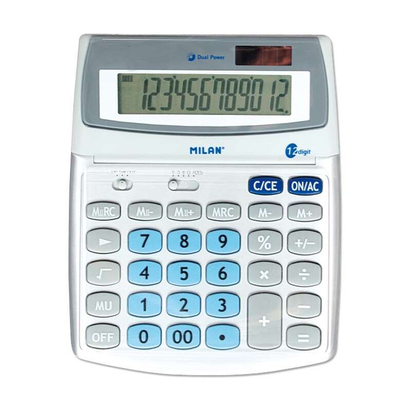 Milan Calculadora De 12 Digitos Grande - Pantalla Inclinable - 3 Teclas De Memoria - Calculo De Margenes - Memoria Doble - Color Blanco