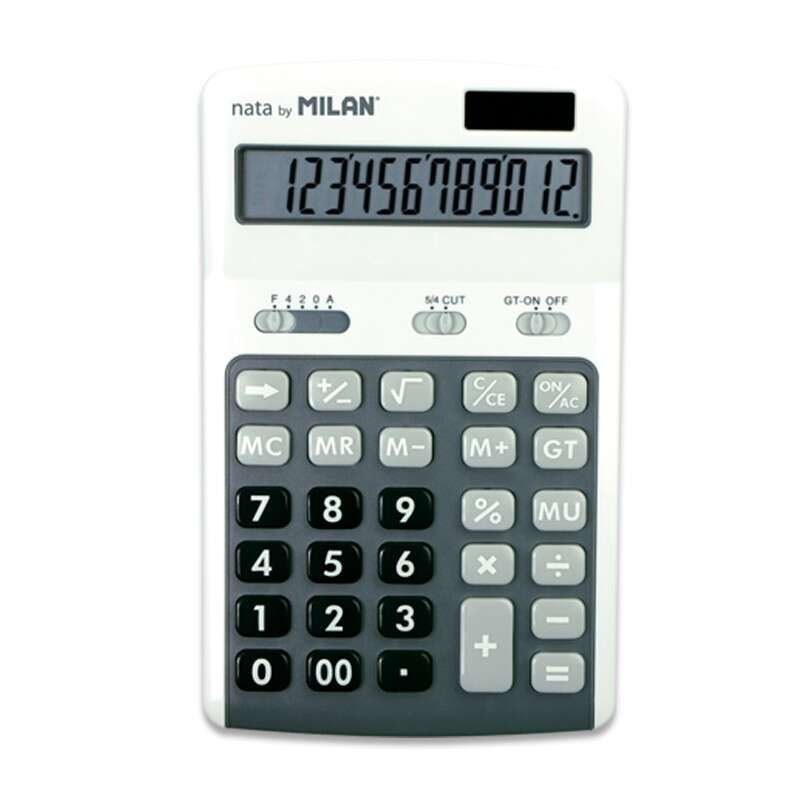 Milan Calculadoras De 12 Digitos - 3 Teclas De Memoria - Calculo De Margenes - Raiz Cuadrada - Apagado Automatico - Color Blanco Y Gris