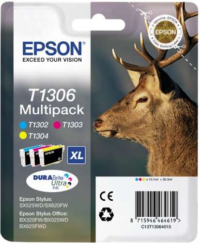 Epson T1306 Pack De 3 Cartuchos De Tinta Originales - Cian, Magenta, Amarillo - C13T13064012