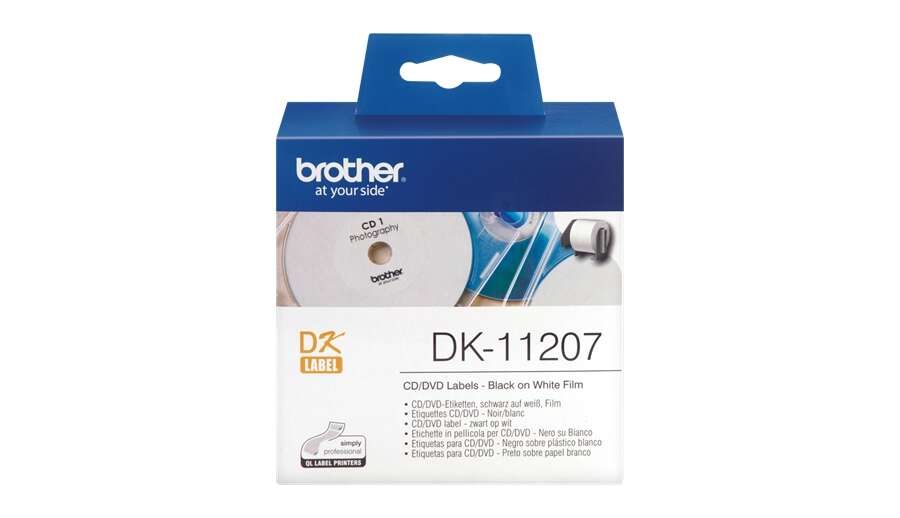 Brother Dk11207 - Etiquetas Originales Precortadas Circulares Para Cd/Dvd - 58 Mm De Diametro - 100 Unidades - Texto Negro Sobre Fondo Blanco