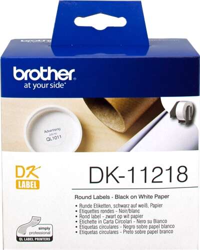 Brother Dk11218 - Etiquetas Originales Precortadas Circulares - 24 Mm De Diametro - 1000 Unidades - Texto Negro Sobre Fondo Blanco