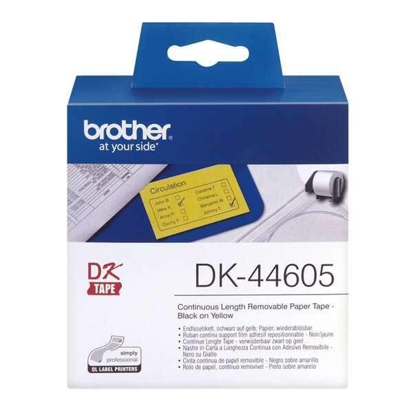 Brother Dk44605 - Etiquetas Removibles Originales De Tamaño Personalizado - Ancho 62Mm X 30,48 Metros - Texto Negro Sobre Fondo Amarillo