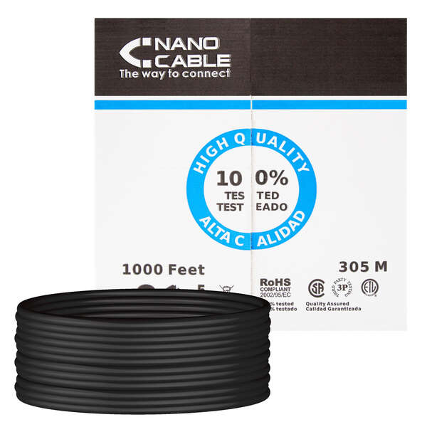 Nanocable Bobina De Cable De Red Rigido Impermeable Para Exterior Rj45 Cat.5E Utp Awg24 305M - Color Negro
