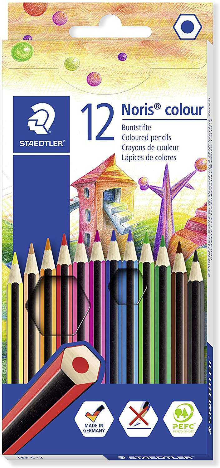 Staedtler Noris Colour 185 Pack De 12 Lapices Hexagonales De Colores - Fabricados En Wopex - Muy Resistentes - Madera De Fuentes Sostenibles - Colores Surtidos