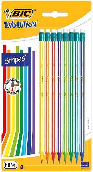 Bic Evolution Stripes Pack De 8 Lapices De Grafito Hexagonales Con Goma De Borrar - Mina Hb - Fabricados En Resina Sintetica - Cuerpo De Colores Surtidos