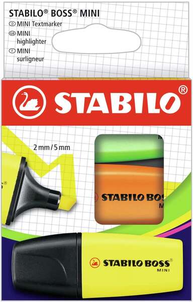 Stabilo Boss Mini Pack De 3 Marcadores Mini Fluorescentes - Trazo Entre 2 Y 5Mm - Tinta Con Base De Agua - Antisecado - Colores Surtidos