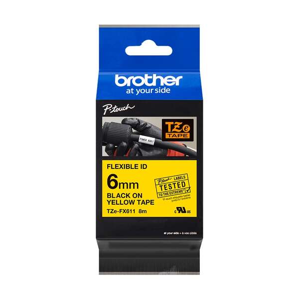 Brother Tzefx611 Cinta Laminada Flexible Original De Etiquetas - Texto Negro Sobre Fondo Amarillo - Ancho 6Mm X 8 Metros