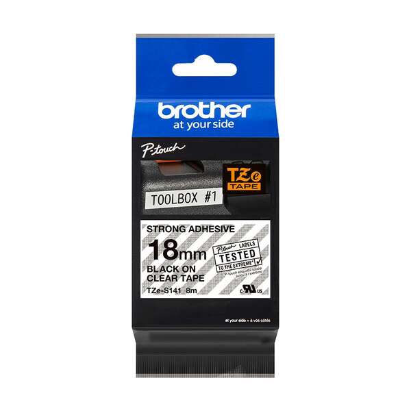 Brother Tzes141 Cinta Laminada Super Adhesiva Original De Etiquetas - Texto Negro Sobre Fondo Transparente - Ancho 18Mm X 8 Metros