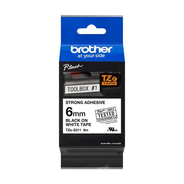 Brother Tzes211 Cinta Laminada Super Adhesiva Original De Etiquetas - Texto Negro Sobre Fondo Blanco - Ancho 6Mm X 8 Metros