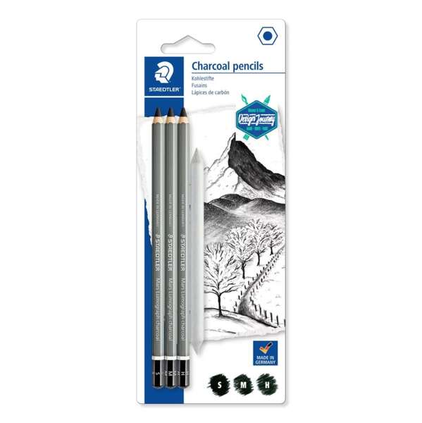 Staedtler Mars Lumograph Charcoal 100C Pack De 3 Lapices De Grafito + Difuminador - Alta Proporción De Carbon Y Carboncillo - Graduaciones Surtidas