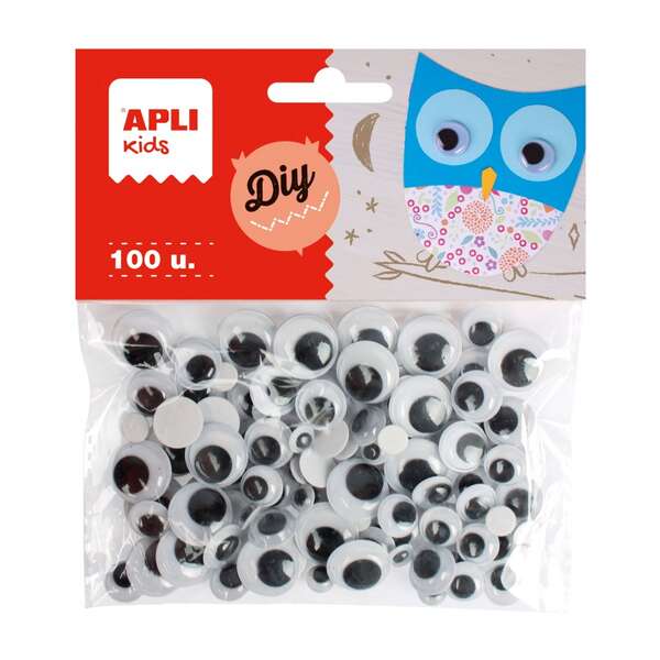 Apli Pack De 100 Ojos Moviles Redondos Adhesivos - Medidas Surtidas Ø 7 Mm, Ø 10 Mm, Ø 12 Mm Y Ø 15 Mm - Color Negro