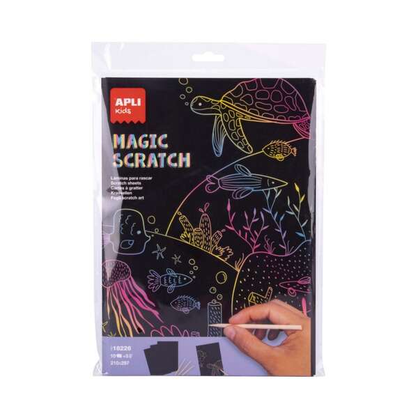 Apli Magic Scratch Laminas Para Rascar - Tamaño A4 - 10 Hojas, 5 Herramientas - Distintos Colores De Fondo