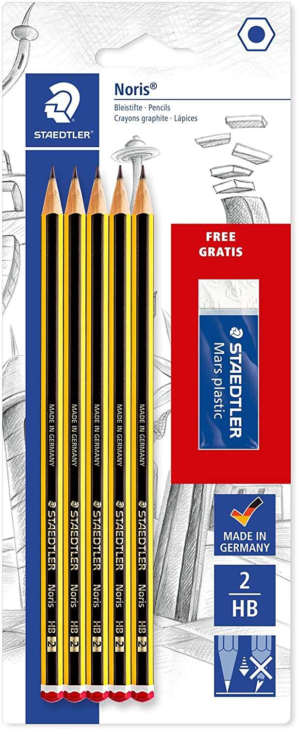 Staedtler Noris 120 Pack De 5 Lapices De Grafito Hexagonales 2Hb + 1 Goma De Borrar Mars Plastic - Madera De Bosques Sostenibles