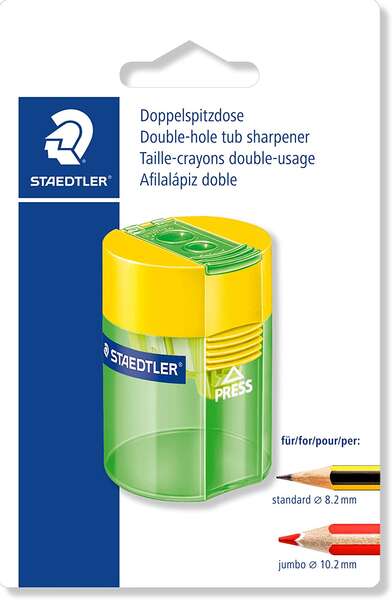 Staedtler 512 Sacapuntas De Plástico Doble Uso - Angulo De Afilado 23º Y 30º - 2 Agujeros - Deposito - Colores Surtidos