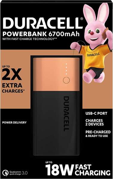 Duracell Bateria Externa/Power Bank 6700Mah Pd 18W Y Qc 3.0 - 1X Usb-A, 1X Usb-C - Indicadores Led - 2 Dispositivos Simultaneamente