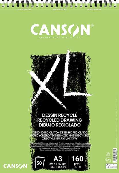 Canson Xl Recycled Bloc De Dibujo Con 50 Hojas A3 - Espiral Microperforado - Grano Fino - 160G - Color Blanco