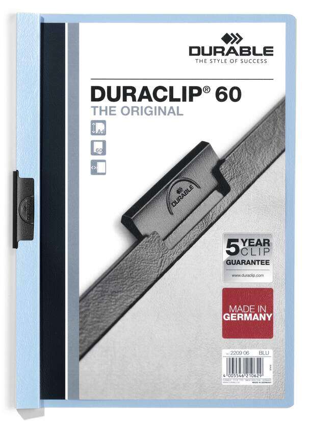 Durable Duraclip 60 Carpeta De Plastico Con Clip De Acero - Tamaño A4 - Capacidad Hasta 60 Hojas - Parte Posterior Rigida Color Azul Claro