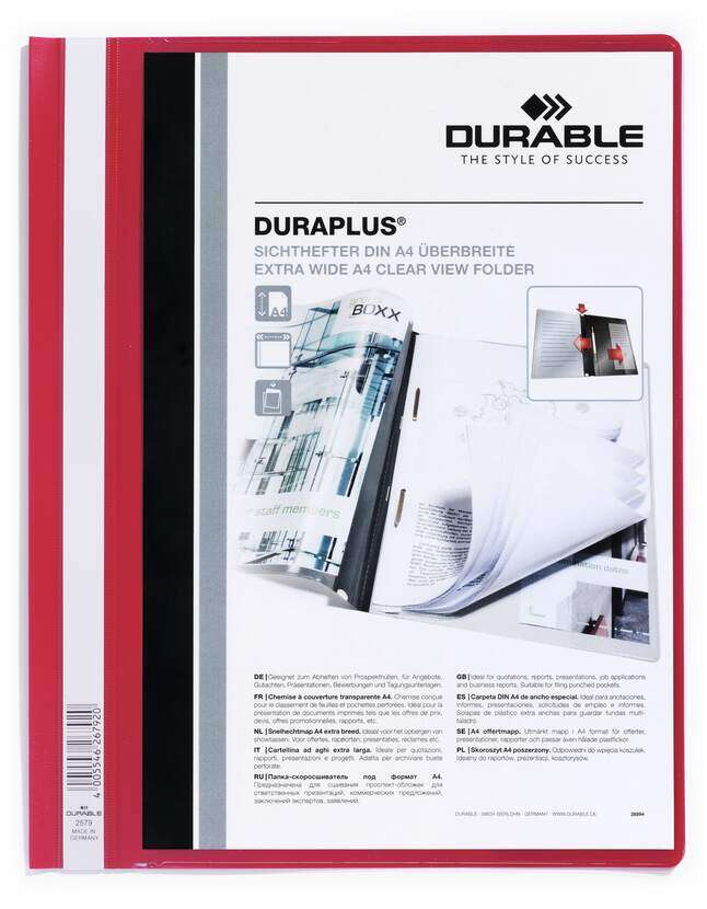 Durable Duraplus Carpeta De Fastener - Para Formato A4+ - Compartimento Interior - Tapa Posterior De Color Rojo