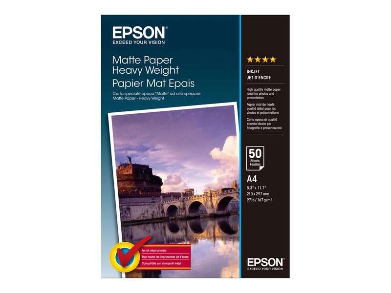 Epson C13S041256 Papel Fotografico A4 167Gr - Acabado Mate - 50 Hojas - Para Impresoras De Tinta