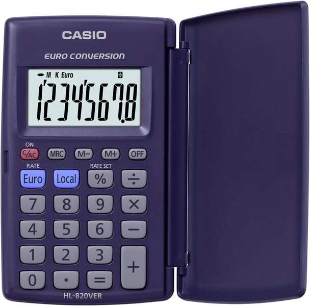 Casio Hl820Ver Calculadora Con Tapa - Funcion Conversor De Euros - Pantalla Lcd De 8 Digitos - Color Azul