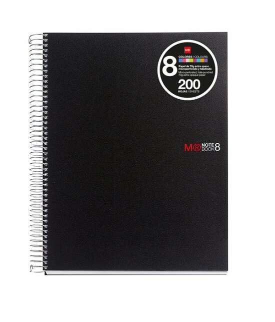 Miquel Rius Notebook8 Cuaderno De Espiral Formato A4 - 200 Hojas De 70 Gr Microperforadas Con 4 Taladros - Cubiertas De Polipropileno - Cuadricula 5X5 - Color Negro
