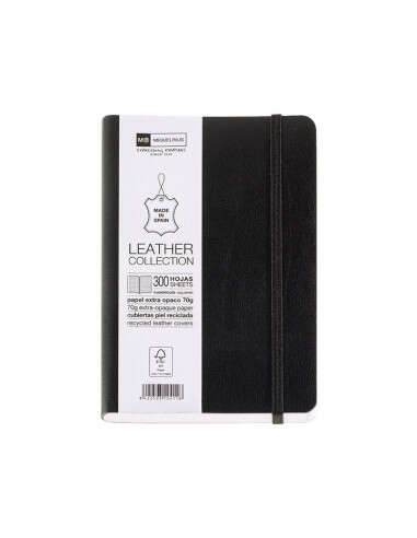 Miquel Rius Leather 1839 Cuaderno Flexible 8º 300 Hojas Con Indice - Cubiertas De Piel Reciclada - Cuadricula 5X5Mm - Cierre Con Goma Elastica - Color Negro