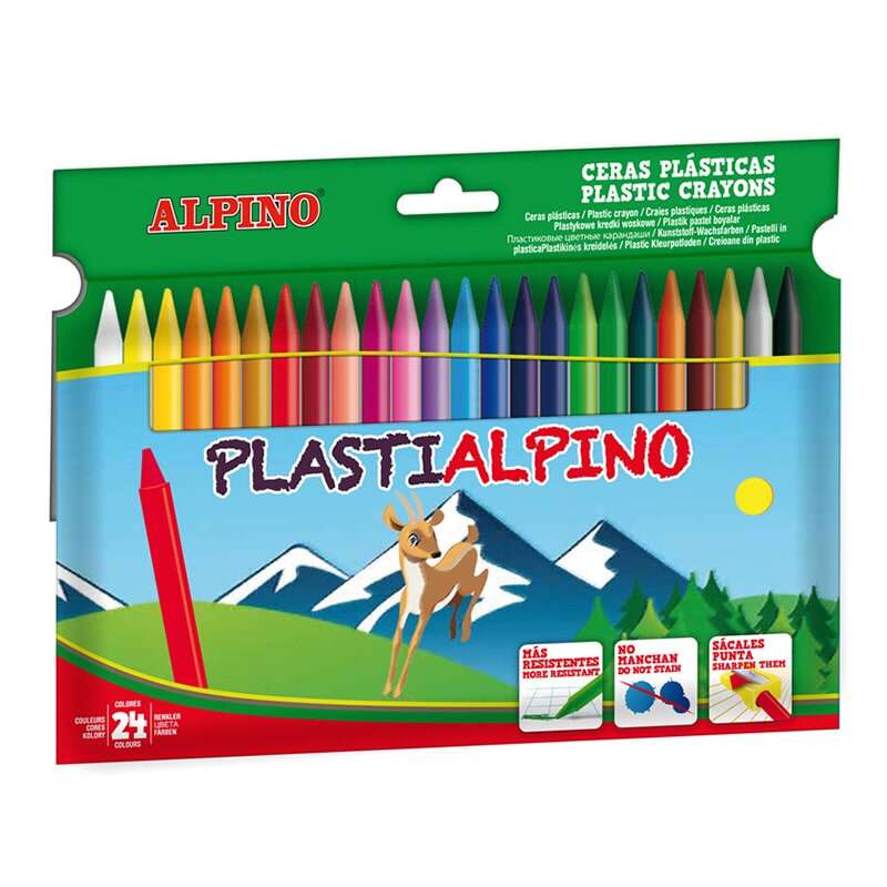 Alpino Pack De 24 Ceras Plastialpino Para Niños - Material Resistente Y No Mancha - Colores Brillantes - Colores Surtidos