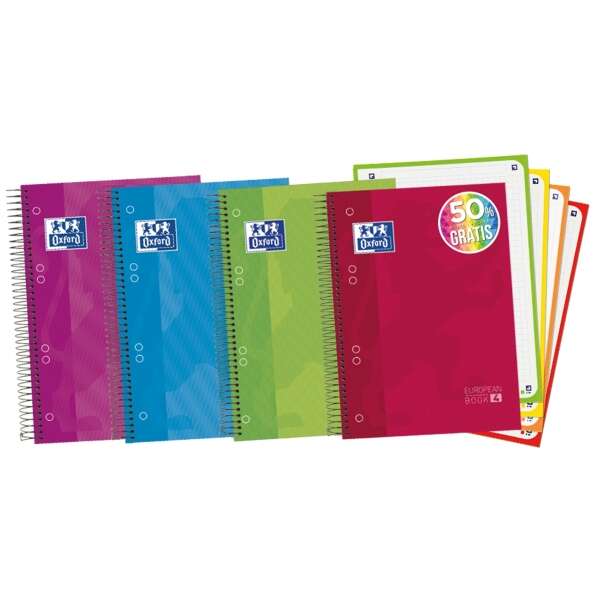 Oxford Europeanbook 4 Cuaderno Espiral Formato A5+ Cuadriculado 5X5Mm - 120 Hojas 90Gr - Tapa Extradura Acabado Brillante - 4 Bandas De Color - Colores Surtidos