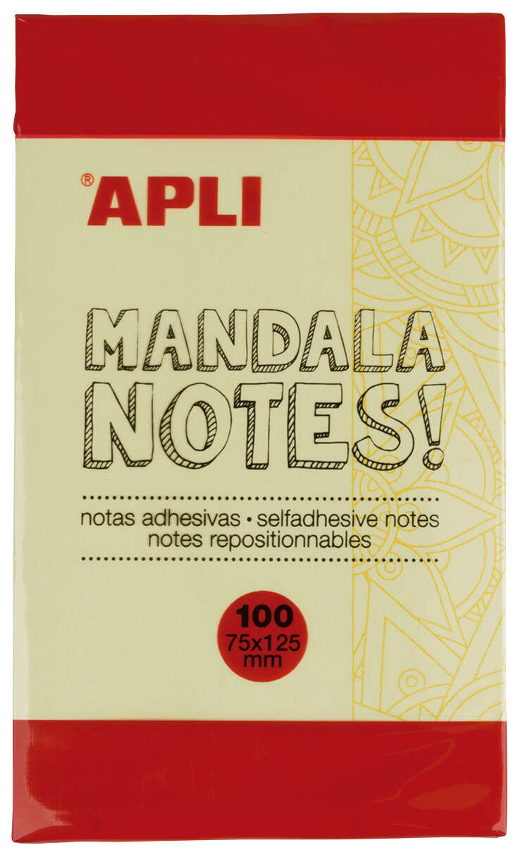 Apli Notas Adhesivas Mandala 125X75Mm - 100 Hojas - Diseño Mandala - Adhesivo De Calidad - Amarillo