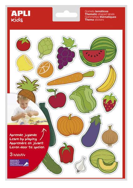 Apli Bolsa De Gomets Tematicos Frutas Y Verduras - 69 Gomets - Adhesivo Removible - Ilustraciones Divertidas - Adhesivo Base Agua - Libre De Disolventes - Coloridos