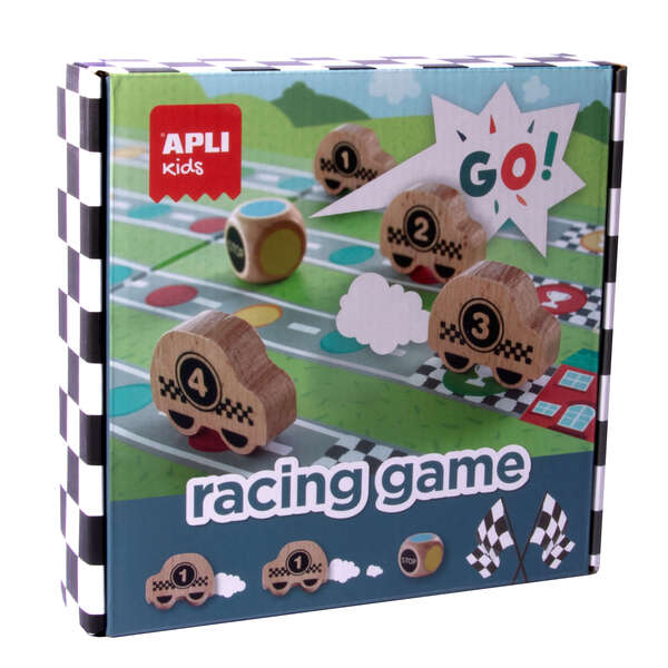 Apli Racing Game Juego De Mesa - Tablero Despegable - 4 Piezas De Madera Con Forma De Coche - Dado De Colores - Enseña A Respetar Las Reglas - Colorido