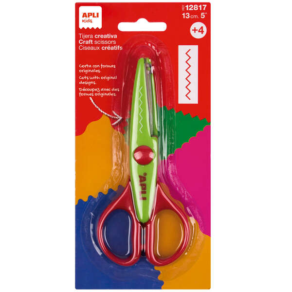 Apli Kids Zigzag Tijera De Acero Inoxidable 13Cm - Realiza El Corte En Forma De Zigzag - Punta Redondeada - Uso Ambidiestro - Color Verde/Rojo