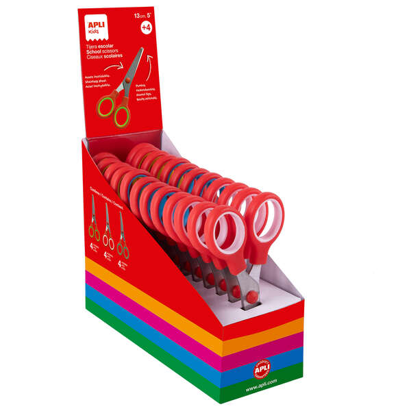 Apli Kids Expositor De 12 Tijeras Escolares 13Cm - Punta Redondeada - Aros Simetricos De Plastico - Uso Ambidiestro - Colores Surtidos