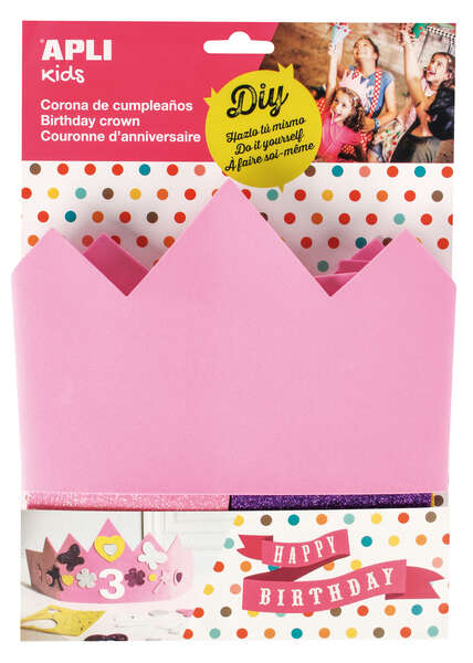 Apli Kids Corona De Cumpleaños De Goma Eva - Incluye Numeros Adhesivos Del 0 Al 9 Y 24 Formas De Goma Eva Adhesiva Con Purpurina - Ajustable Y Reversible - Color Rosa