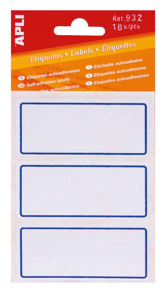 Apli Etiquetas Adhesivas Escolares Basicas - Tamaño 78X34Mm - 6 Hojas (18 Etiquetas) - Adhesivo Permanente De Alta Calidad - Color Blanco Con Ribete Azul