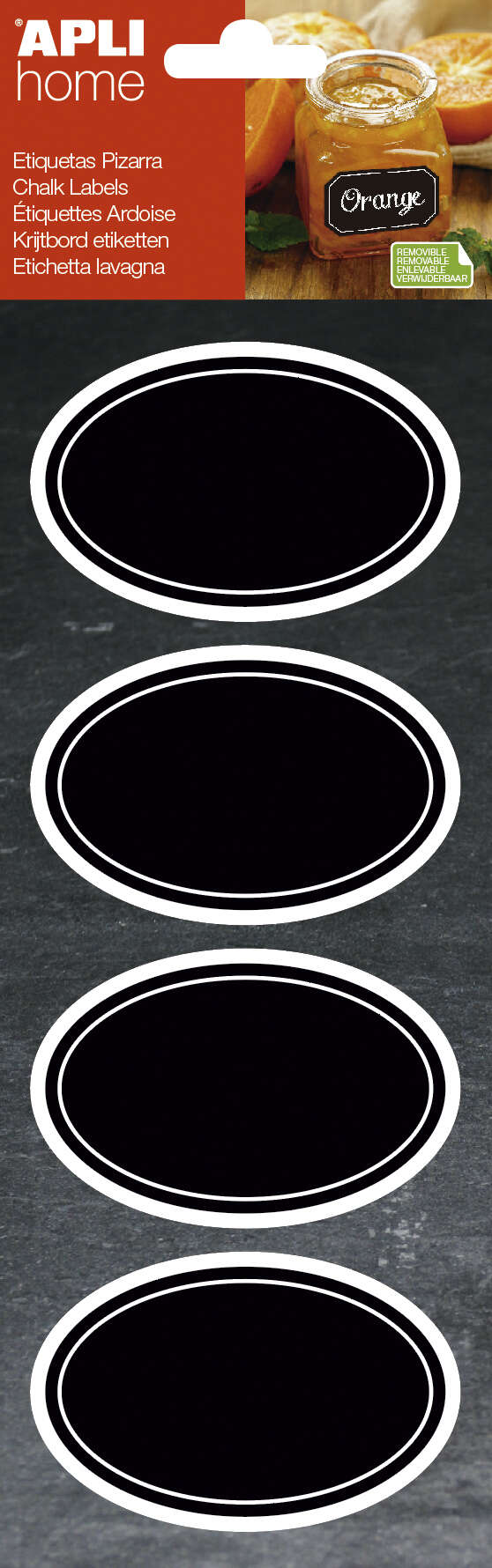 Apli Etiquetas Pizarra Ovaladas 80X50Mm - Adhesivo Removible - 2 Hojas (8 Etiquetas) - Tiza Liquida O Convencional - Borrado Facil - Rotuladores Permanentes - Color Negro