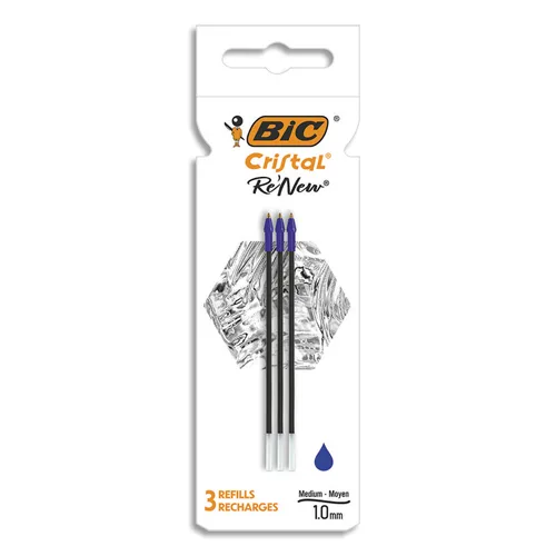 Bic Pack De 3 Recambios Para Boligrafo Cristal Re´new - Punta Media De 1.0Mm - Tinta Con Base De Aceite - Color Azul