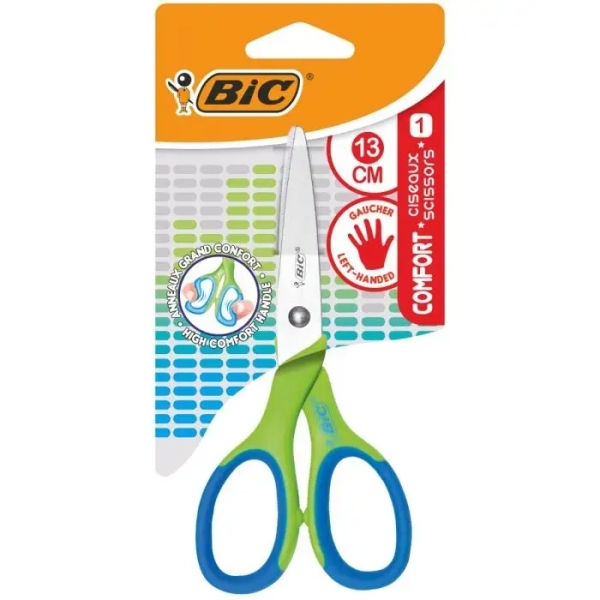 Bic Comfort Tijera Escolar De Acero Inoxidable 13Cm - Mango Suave - Apta Para Zurdos - Colores Surtidos Aleatorio