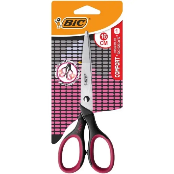 Bic Comfort Tijera Escolar De Acero Inoxidable 16Cm - Mango Suave - Uso Diestro - Colores Surtidos Aleatorio