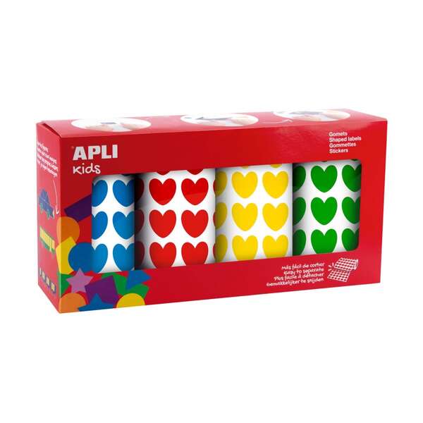 Apli Kids Pack De 4 Rollos De Gomets Corazon - 7.080 Gomets En Total - Adhesivo Base Agua - Libre De Disolventes - Materiales 100% Reciclables - Colores Rojo, Amarillo, Azul Y Verde