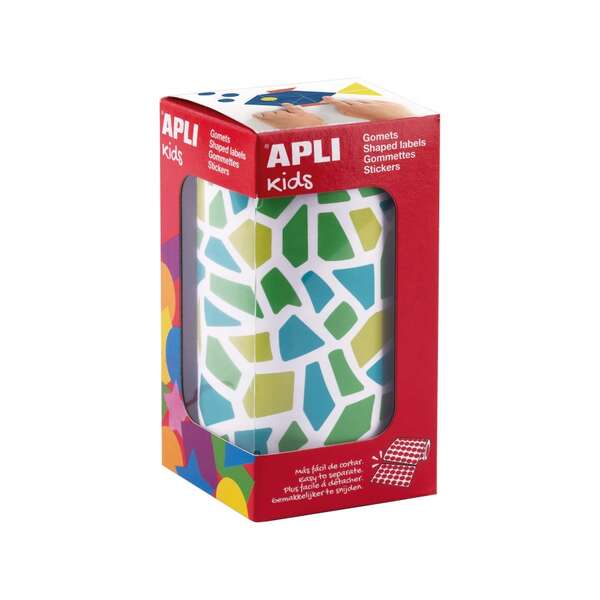 Apli Kids Rollo De 2460 Gomets Mosaico - Adhesivo Base Agua - Libre De Disolventes - Materiales 100% Reciclables - Colores Azul, Verde Y Amarillo