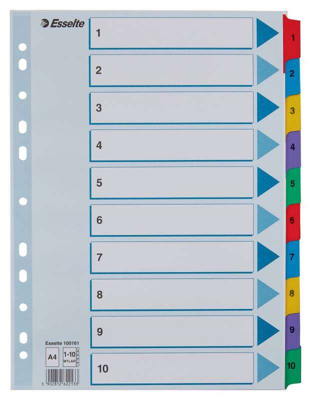 Esselte Indice De Carton Con Pestañas Reforzadas - A4 - Numeradas 1-10 - Multicolor