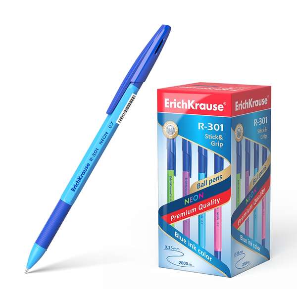 Erichkrause Boligrafo R-301 Neon Stick&Grip 0.7 - Cuerpo Hexagonal Translucido - Zona De Agarre De Goma - Punta De 0.7Mm - Tinta De Secado Rapido - Color Azul
